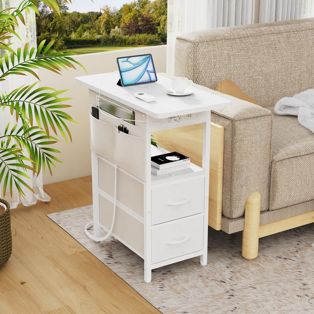 Small Side Table with Charging Station, Narrow Nightstand Bedside Tables with Storage Pocket Bedroom, Sofa End Table