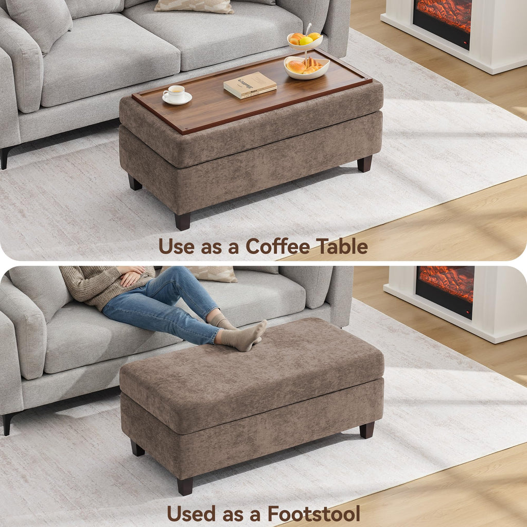 45 Inch Large Storage Ottoman Bench with Wooden Tray Coffee Table, Brown Chenille Upholstered Foot Rest
