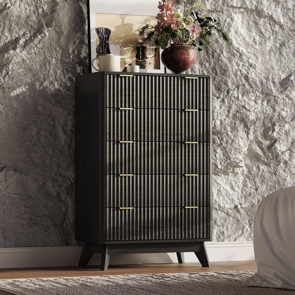 43" Hight Fluted 5 Drawers Dresser, Curved Edge, Black