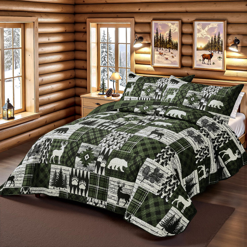 3 Piece Christmas Quilt Sets Queen Size Bedding Set, Green Bear