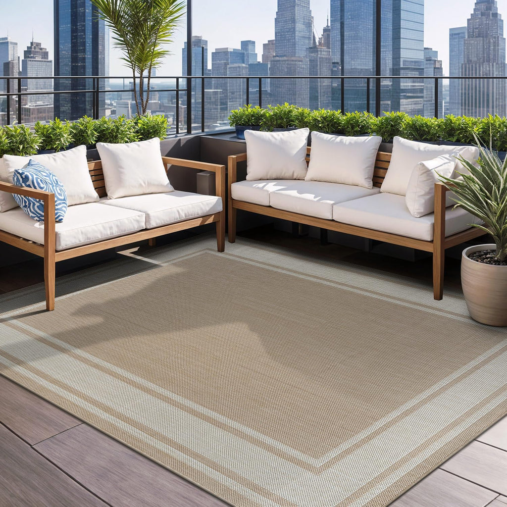 Outdoor Rug 8x10 Modern Bordered Area Rugs for Indoor and Outdoor Patio Deck Porch Garden Waterproof