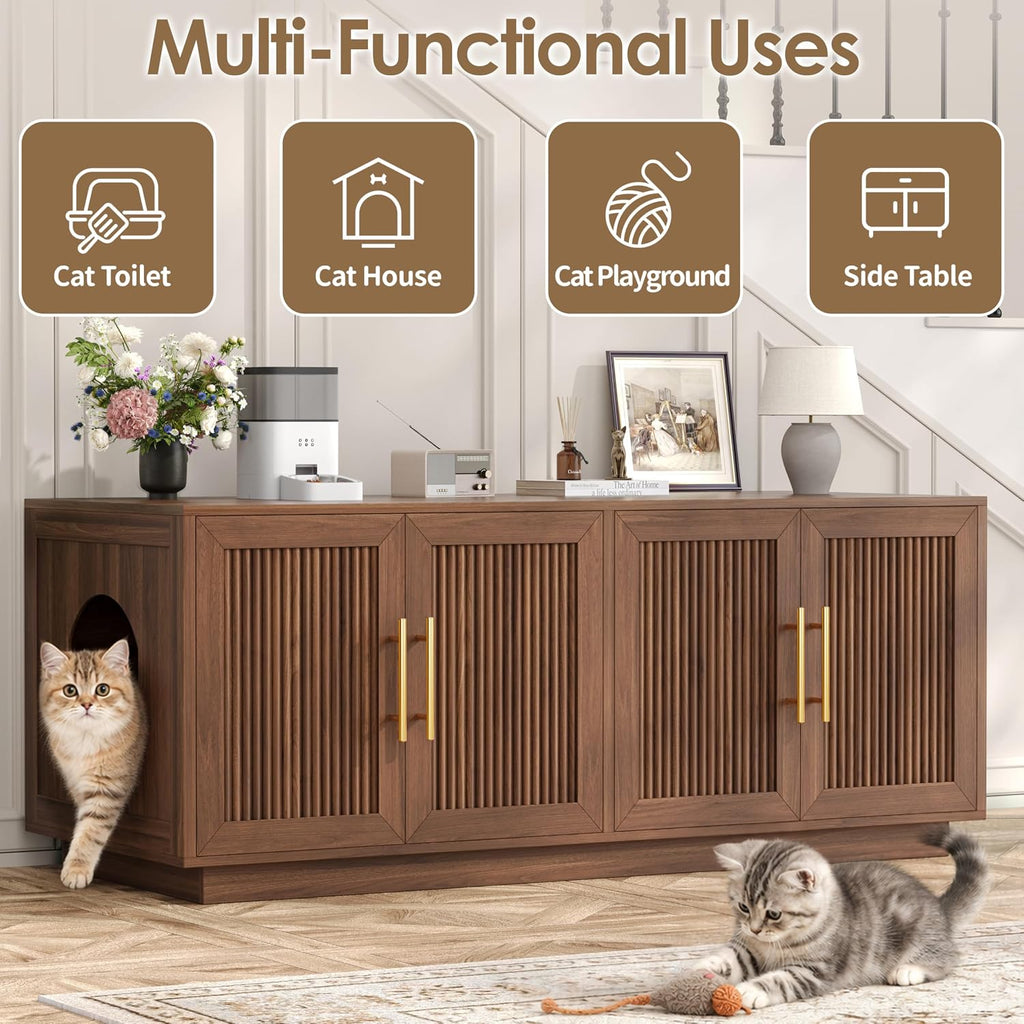 Fluted Cat Litter Box Enclosure Furniture, Cat House for 2 Cats