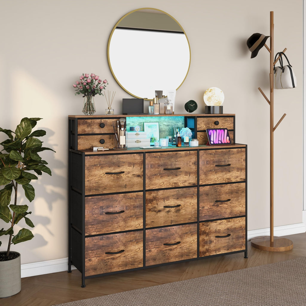 Rustic with Charging Station and LED Lights Large 13 Drawers Fabric Chest of Drawers Living Room Hallway Entryway