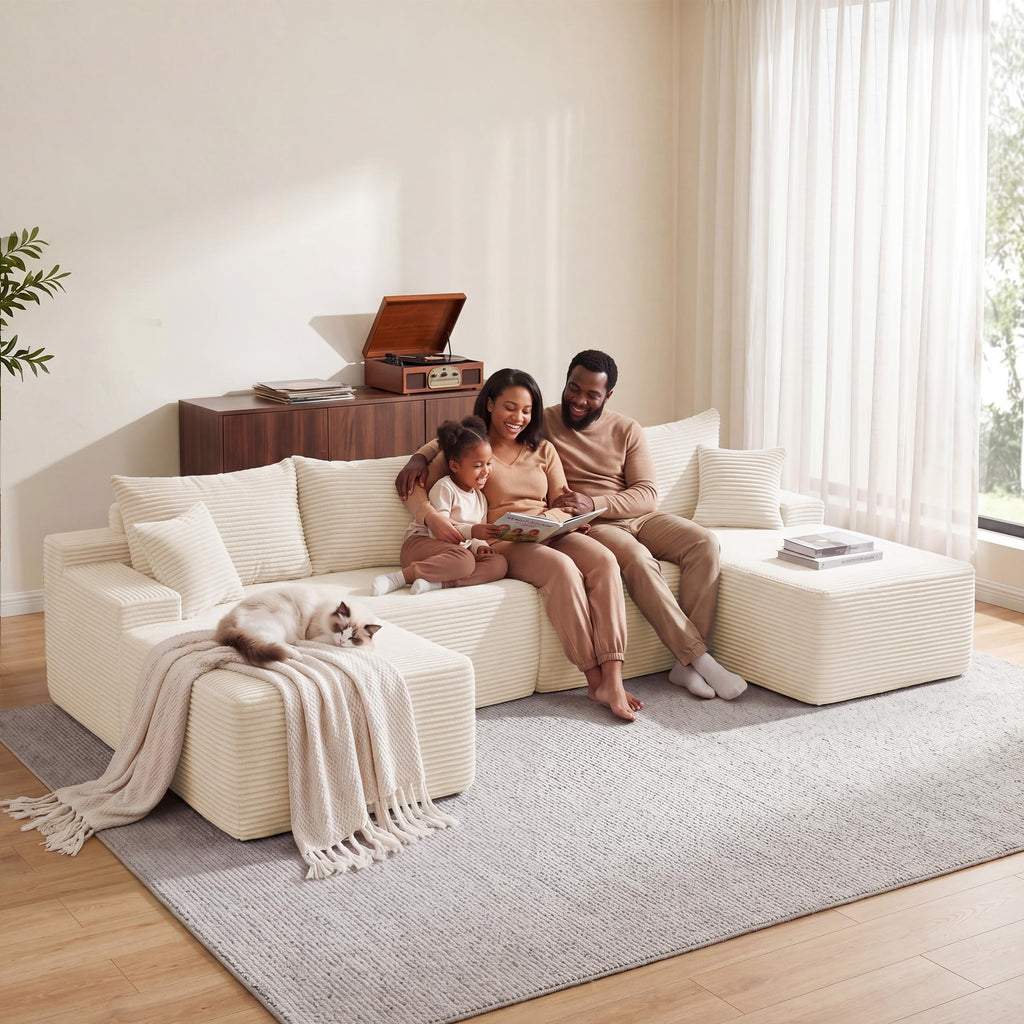 118" Cloud Sectional Boneless Couch, U-Shaped Modular Couch, Beige