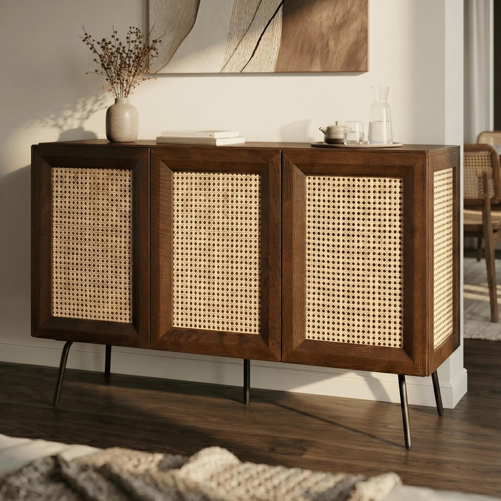 Modern Sideboard with 3 Doors, Natural Rattan Storage Cabinet, Buffet with Metal Legs, Boho Accent Cabinet , and