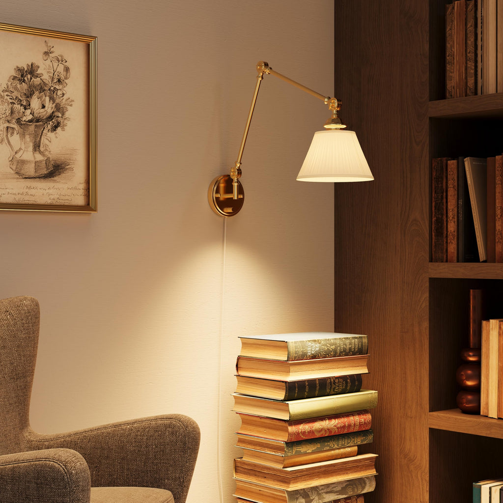 Plug in Wall Sconces Set of Two, Gold Swing Arm Wall Lamp with 6.6FT Plug-in Cord and Knob Switch, Fabric Hardwired