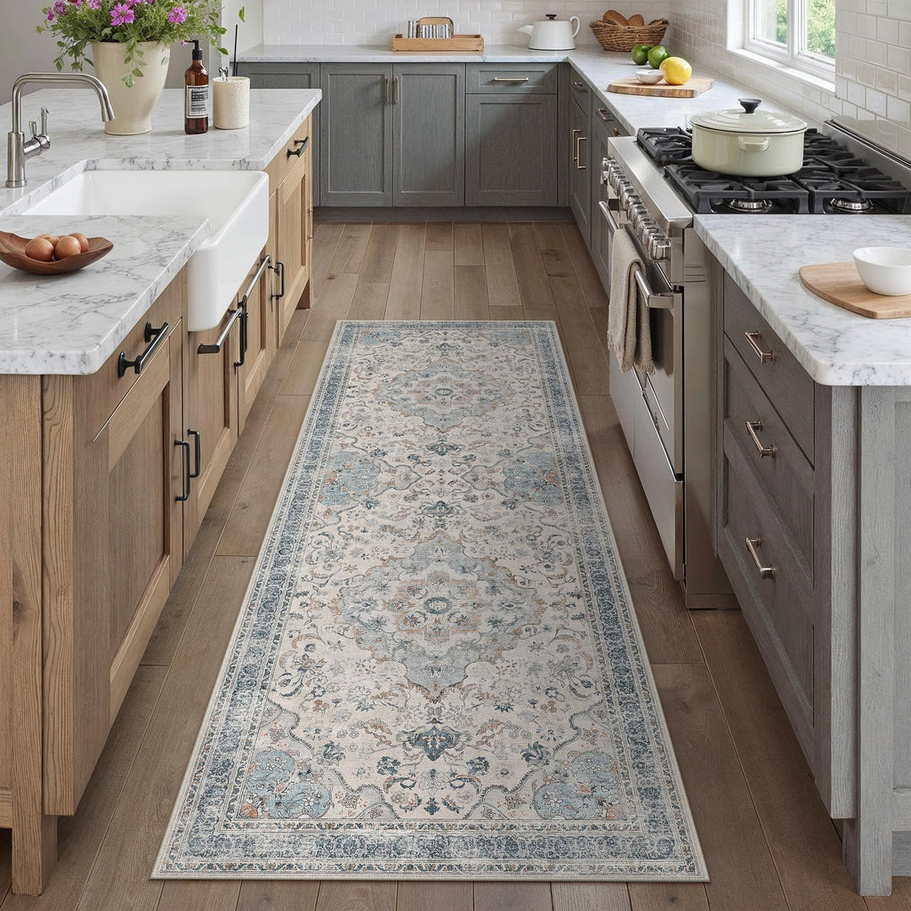 Blue Runner Rug 2.6x8 Entryway Vintage Floral Non-Slip Carpet