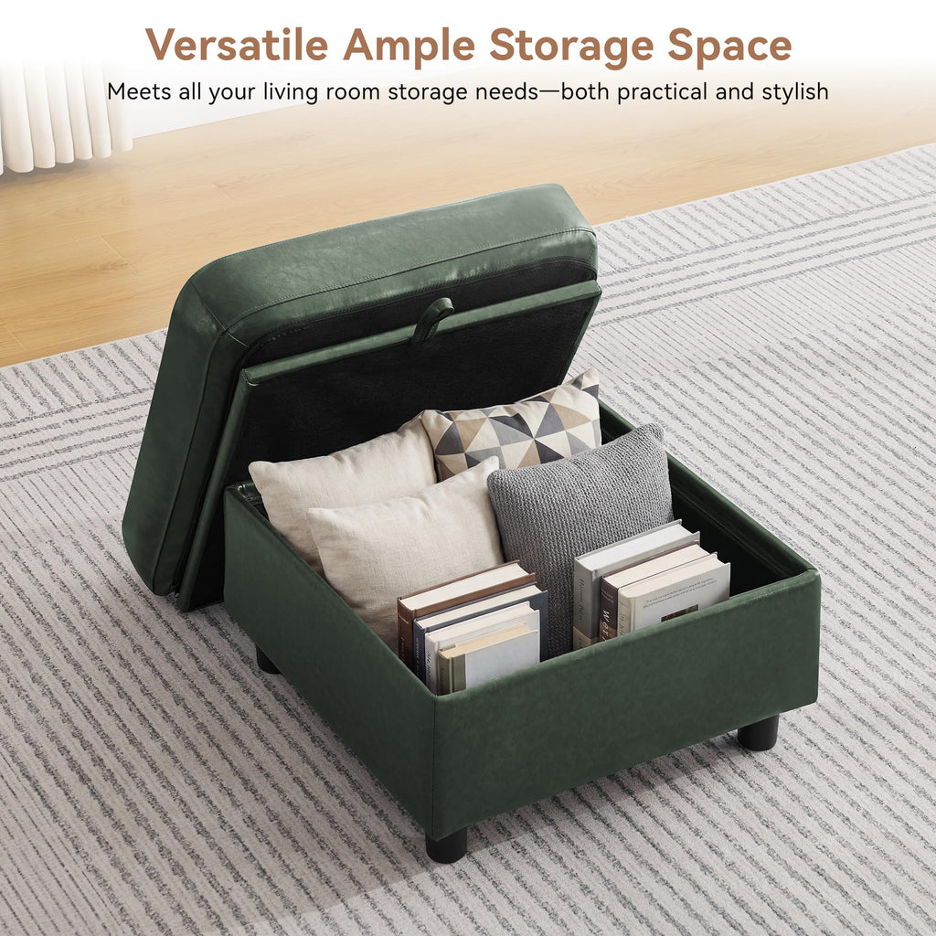 25" Faux Leather Square Storage Ottoman for Modular Sectional Sofa, Green