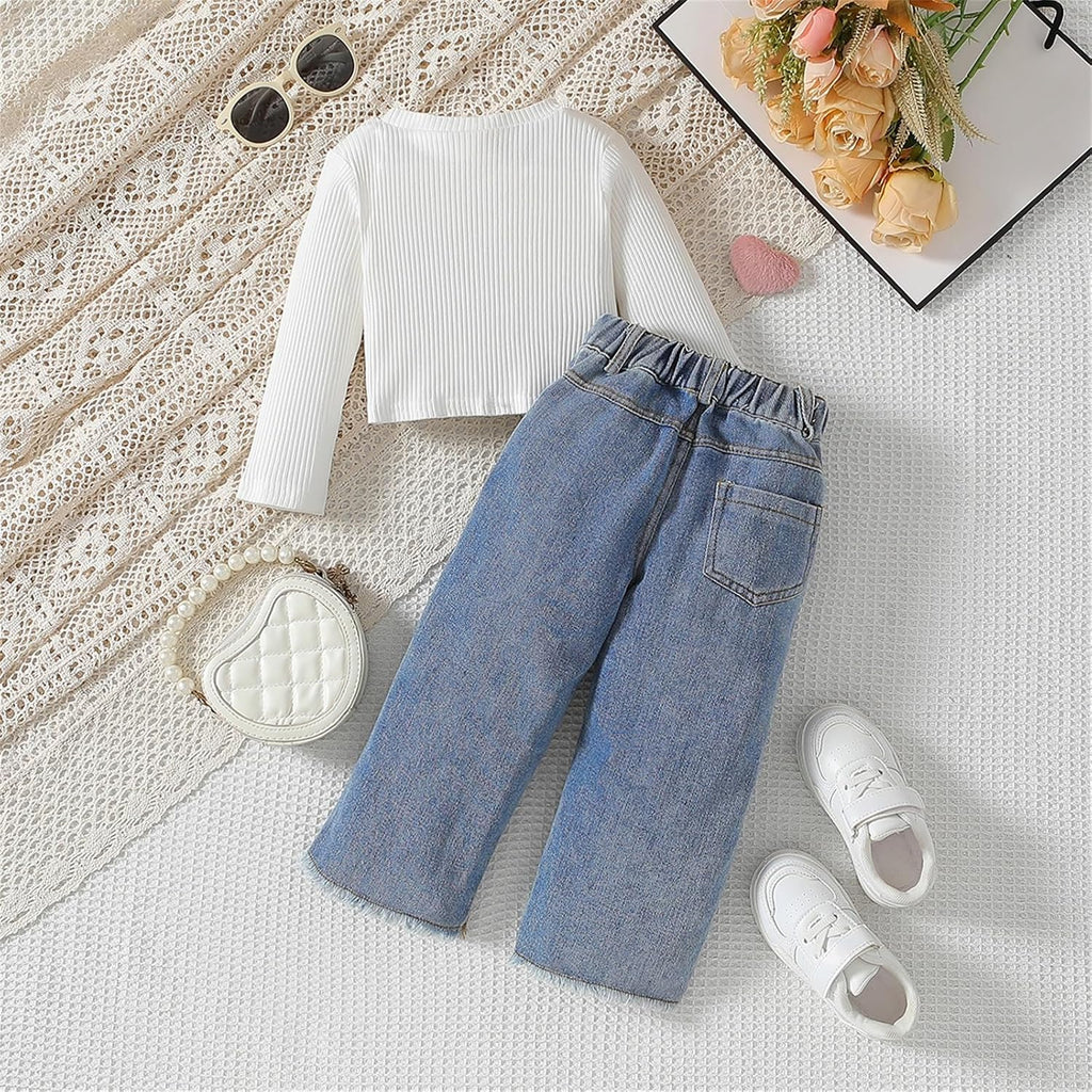 Toddler Girls Clothes 6T Ribbed Baby Kids Girl Denim Outfits Long Sleeve Tops Love Hearts Jeans Pant