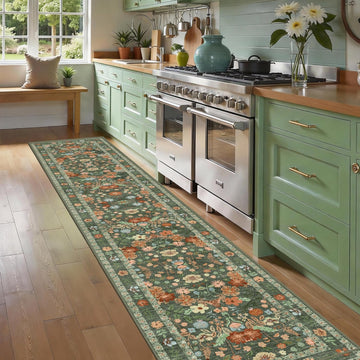 2x10 Extra Long Hallway Runner - Green Boho Washable Rug with Non-Slip Backing, Vintage Floral Low P