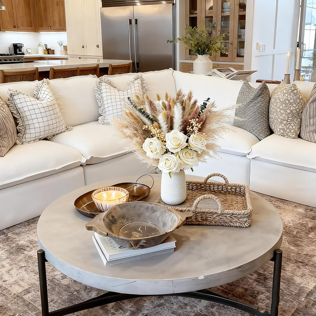 Dried Pampas Grass with Vase, Includes Artificial Silk Roses, Boho Natural Dried Flowers for Coffee Table - Set of 100