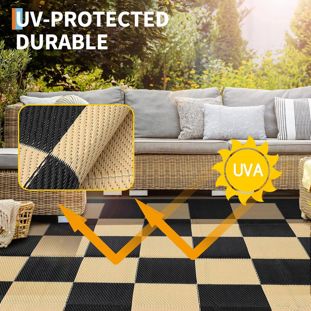 Outdoor Rug Waterproof Foldable Reversible Plastic Straw Camping Rug Portable Lightweight Modern Checkered