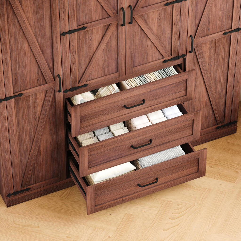70" Tall Armoire Wardrobe Closet with 4 Doors & 3 Drawers, Farmhouse Bedroom Storage Cabinet with Hanging Rod