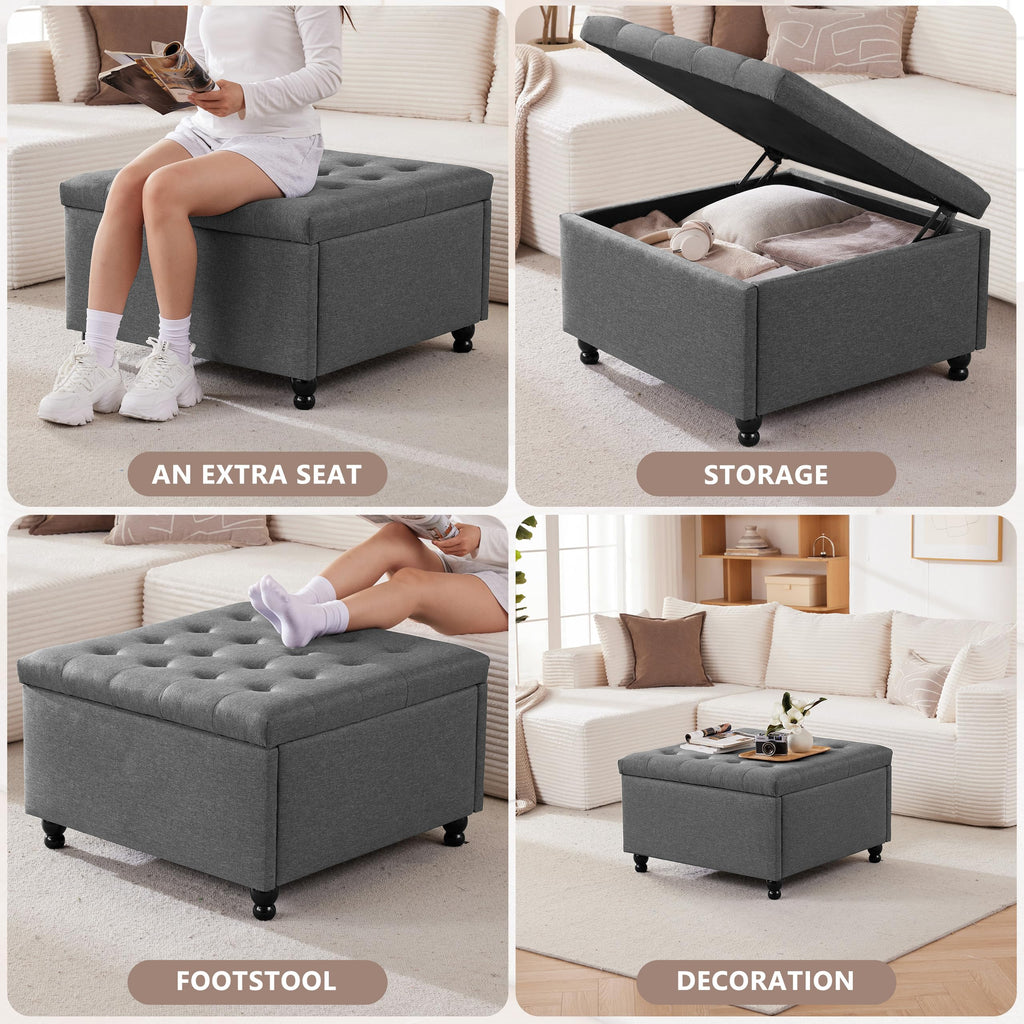 28" Large Square Ottoman with Storage, Fabric Ottoman Coffee Table, Grey