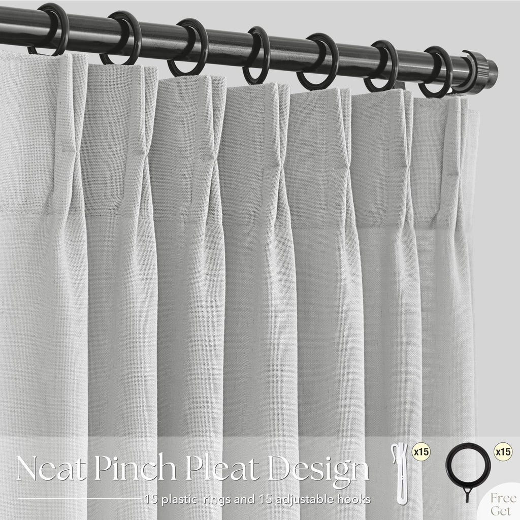 Grey Pinch Pleated Linen Curtains 96 Inch Length 2 Panels