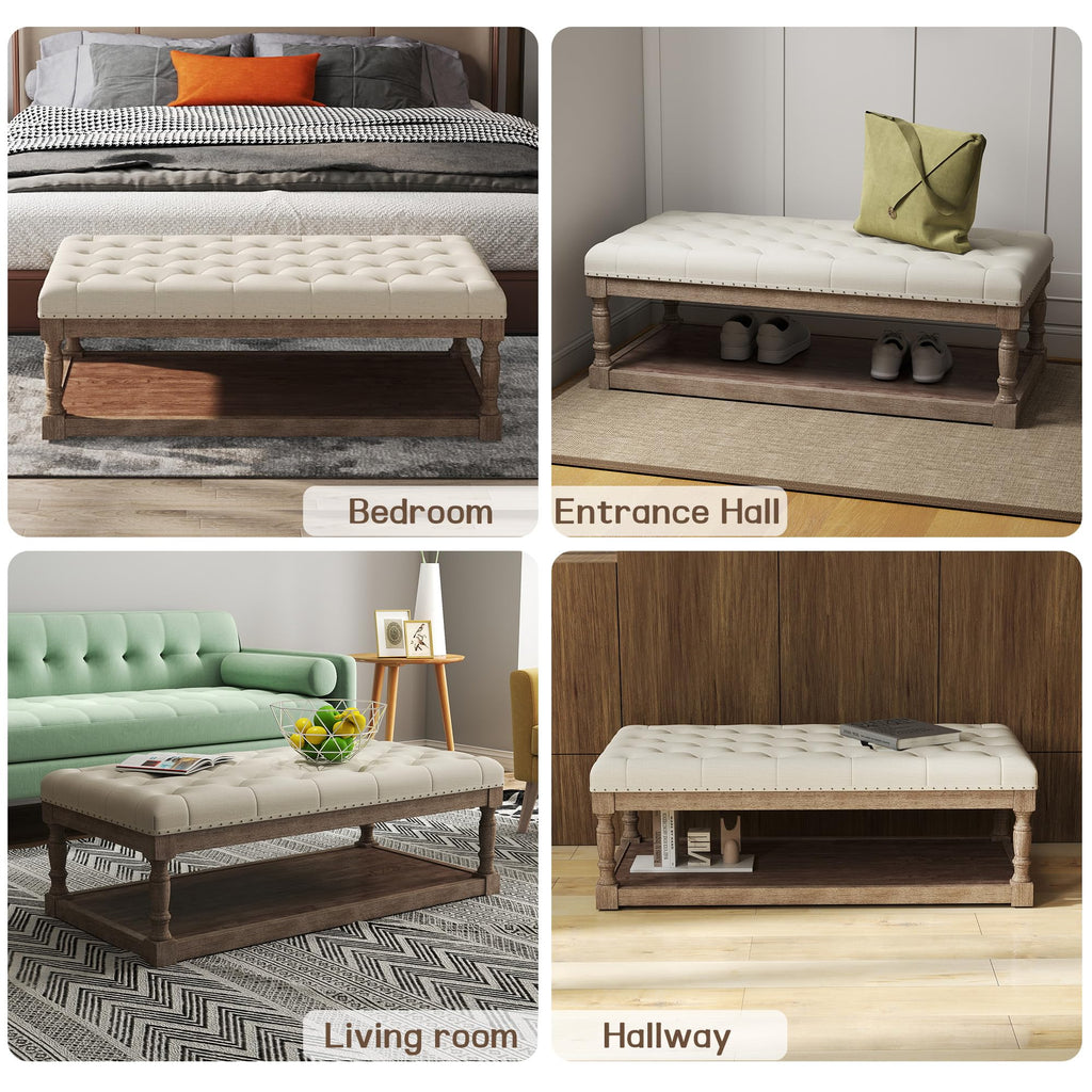 48" Large Ottoman with Storage Coffee Table, Upholstered Tufted Linen Ottoman Bench with Solid Wood Shelf, Holds
