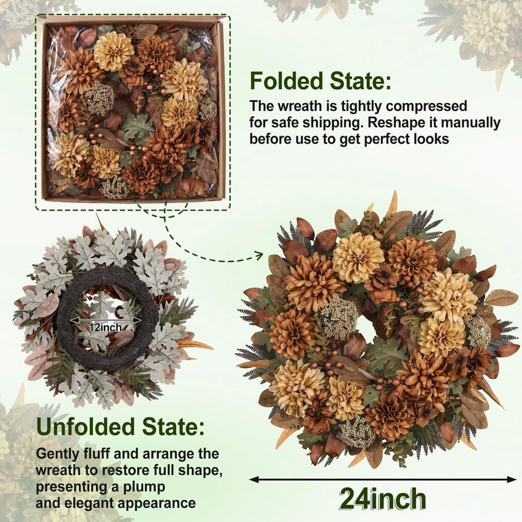 24" Fall Wreaths for Front Door with Mums Dahlias Queen Anne's Lace