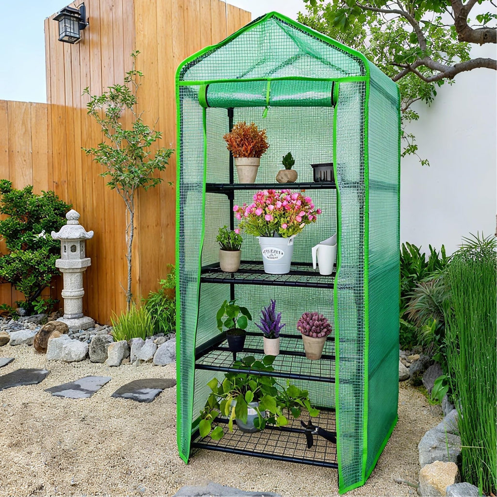 4 Tier Mini Greenhouse - Portable Indoor Outdoor Green House with 24lbs Per Shelf, Durable PE Cover & Tool-Free