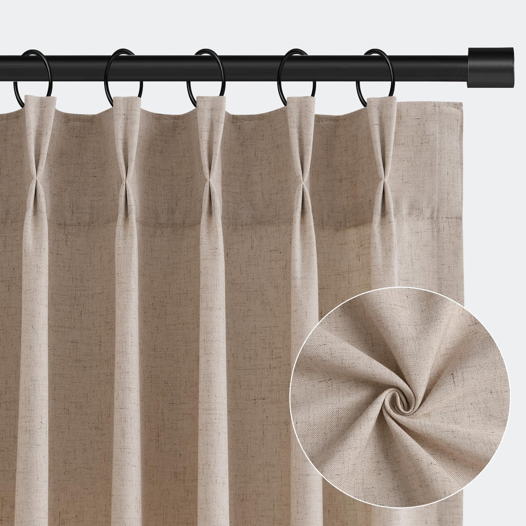 Sand Beige Pleat Linen Curtains 112 Inches Long Pinch Pleated Drape Hooks Rings Back Tab Semi Sheer Light Filtering