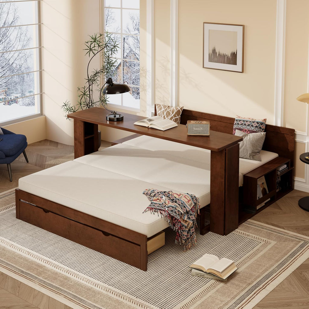 Queen Size Daybed with Pop Up Trundle and 2 Storage Drawers, Wooden Queen Day Bed Frame with Removable Desk