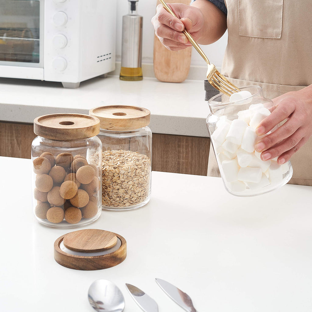 3pcs(28oz X 3) Clear Glass Food Jars/Canisters with Airtight Seal Acacia Wood Lids /Bathroom/Pantry Storage, Serving