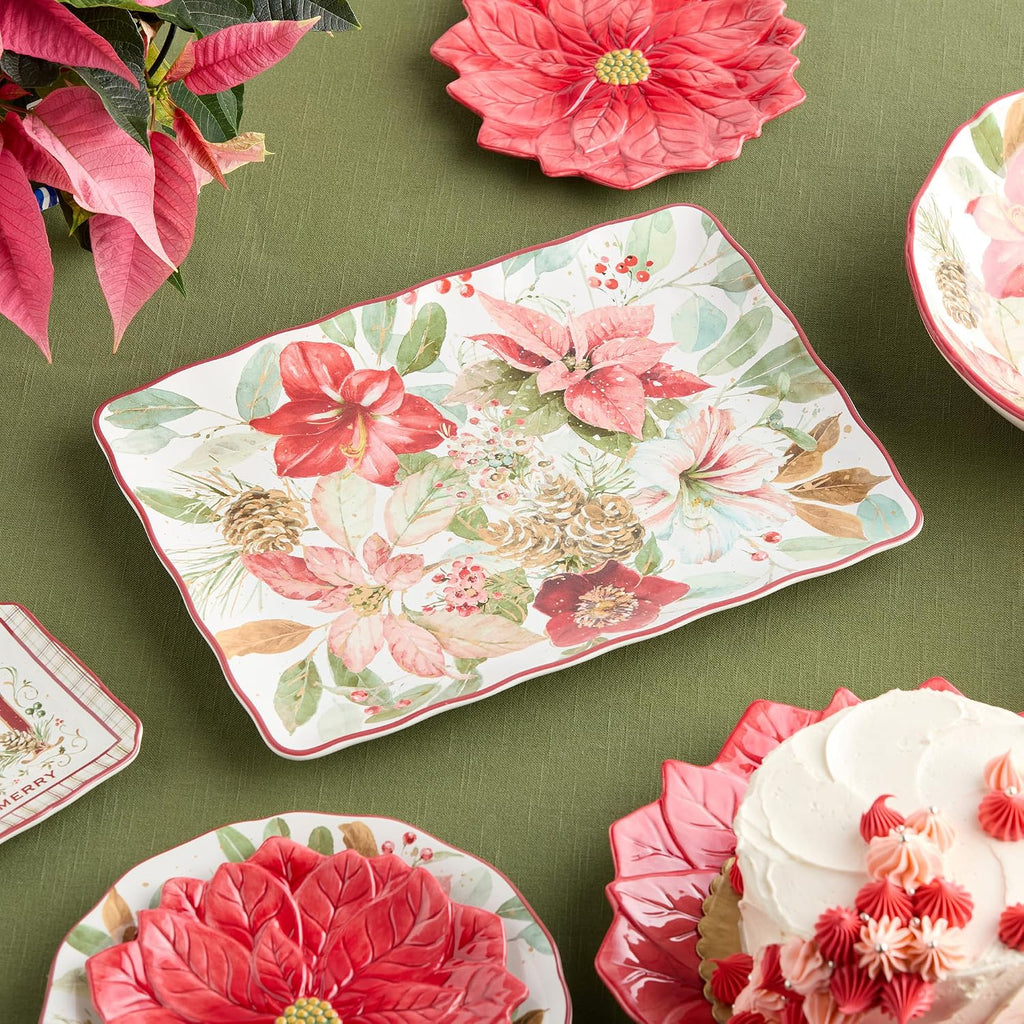 Winter Blooms Holiday Rectangular Platter - 16" x 12" Ceramic Serving Tray with Poinsettia Design - Dishwasher Safe