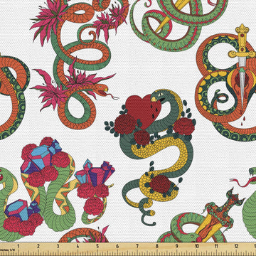 Dragon Fabric by The Yard, Colorful Traditional Reptiles Flowers and Historic Items Japanese Ornaments Pattern