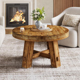 31.5-Inch Round Coffee Table, Solid Wood Center Table with Thickened Tabletop, Small Space (Rustic Brown)
