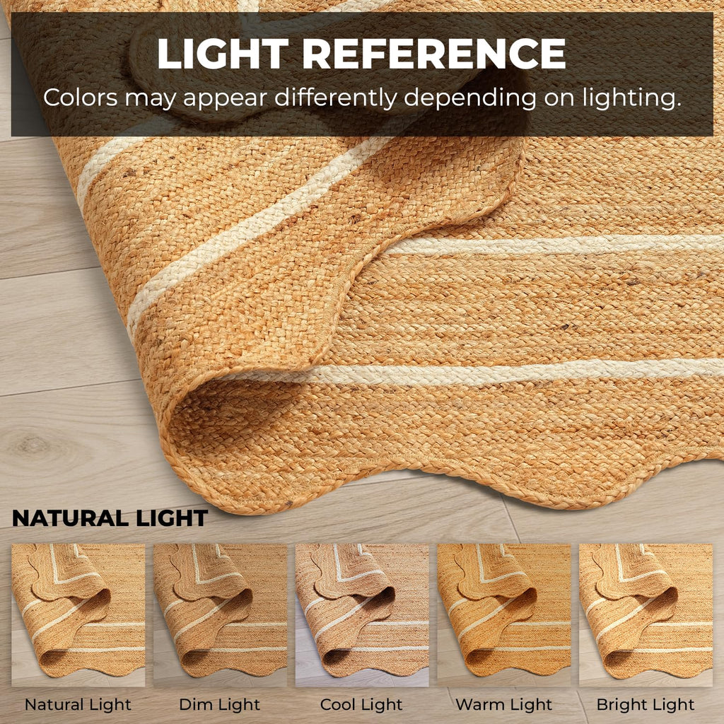 Jute Area Rug Natural Wave Scallop Ivory Border Handmade Rug