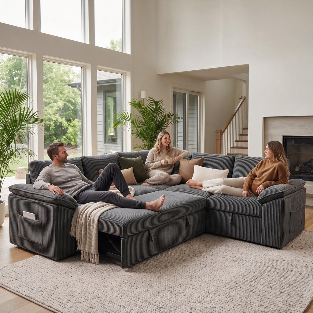 Modular Sectional Sleeper Sofa with Pull Out Bed, Dark Grey