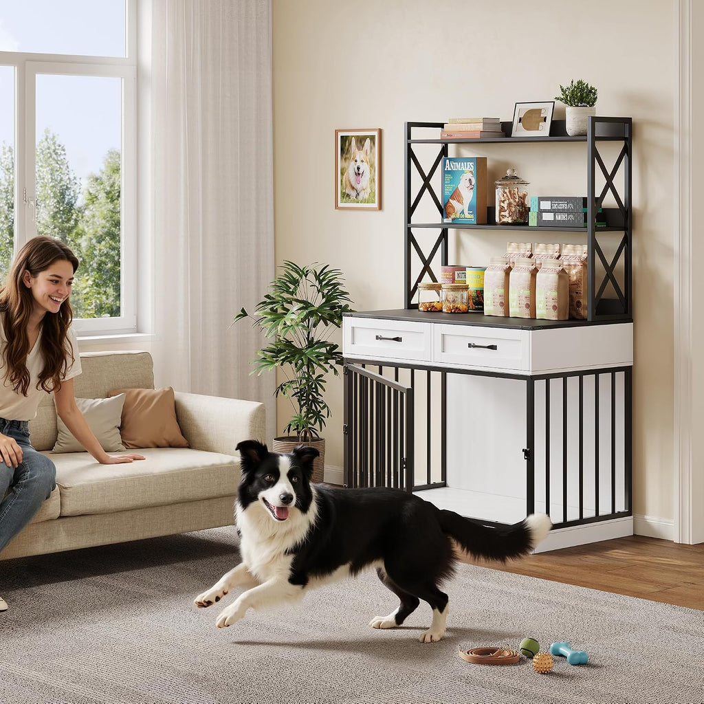 42"×65.4"Dog Crate Furniture, Pet Cage with Storage Drawers & Shelves, Wooden Dog House Indoor. Modern White&Black