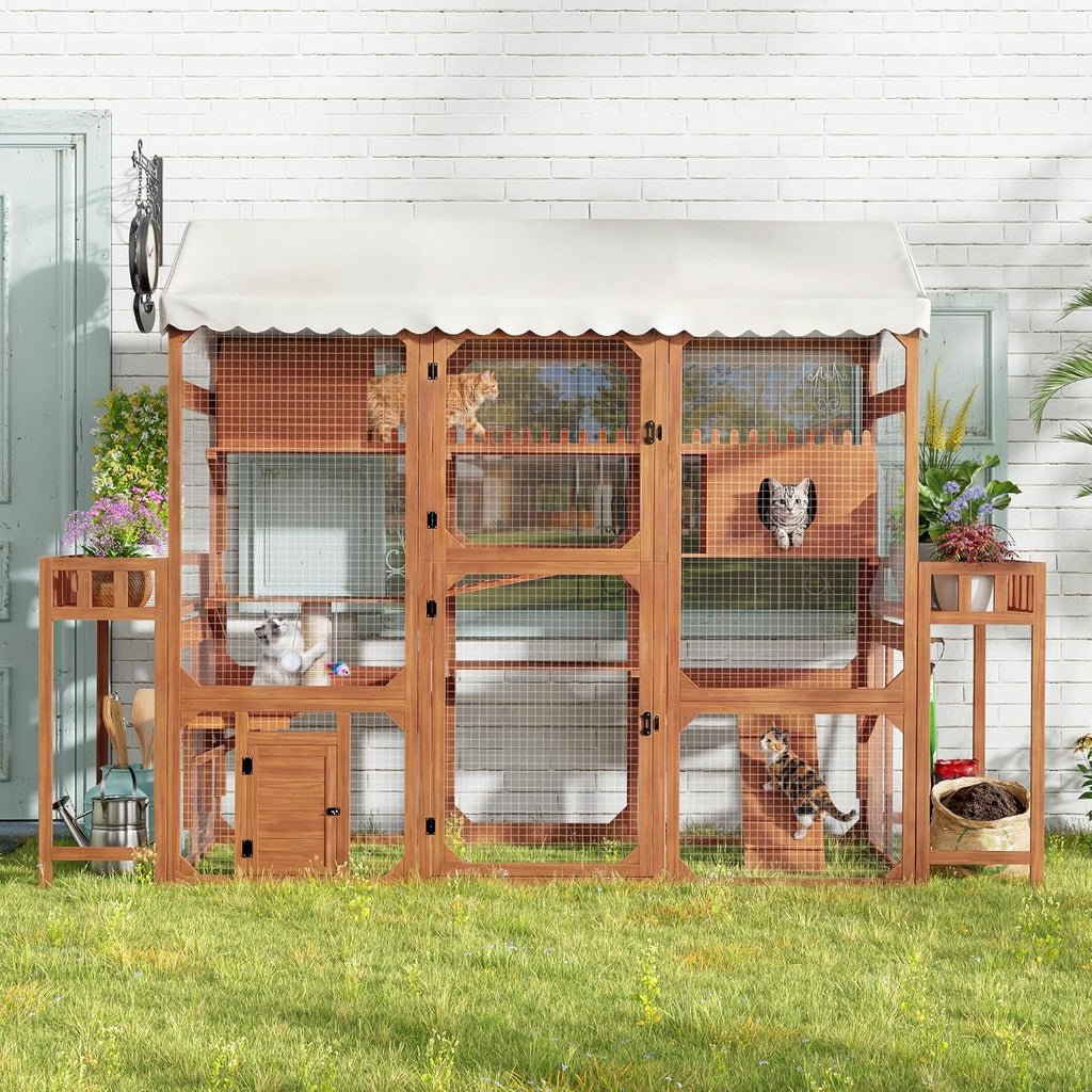 Large Catio Outdoor Cat, Enclosure Window Cat House with 2 Plant Stands, Walk in Kitty Cage with Perches and Condos