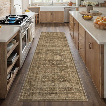 2.6x8 Washable Kitchen Runner Rug Non-Slip Vintage Brown Throw Carpet