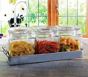 Country Glass Canister Jars, 3-Piece Set with Lids and Metal Caddy, Farmhouse Decor Home Kitchen Utensils Food