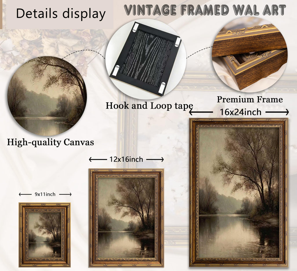 Vintage Gold Framed Landscape Wall Art, River Painting Picture