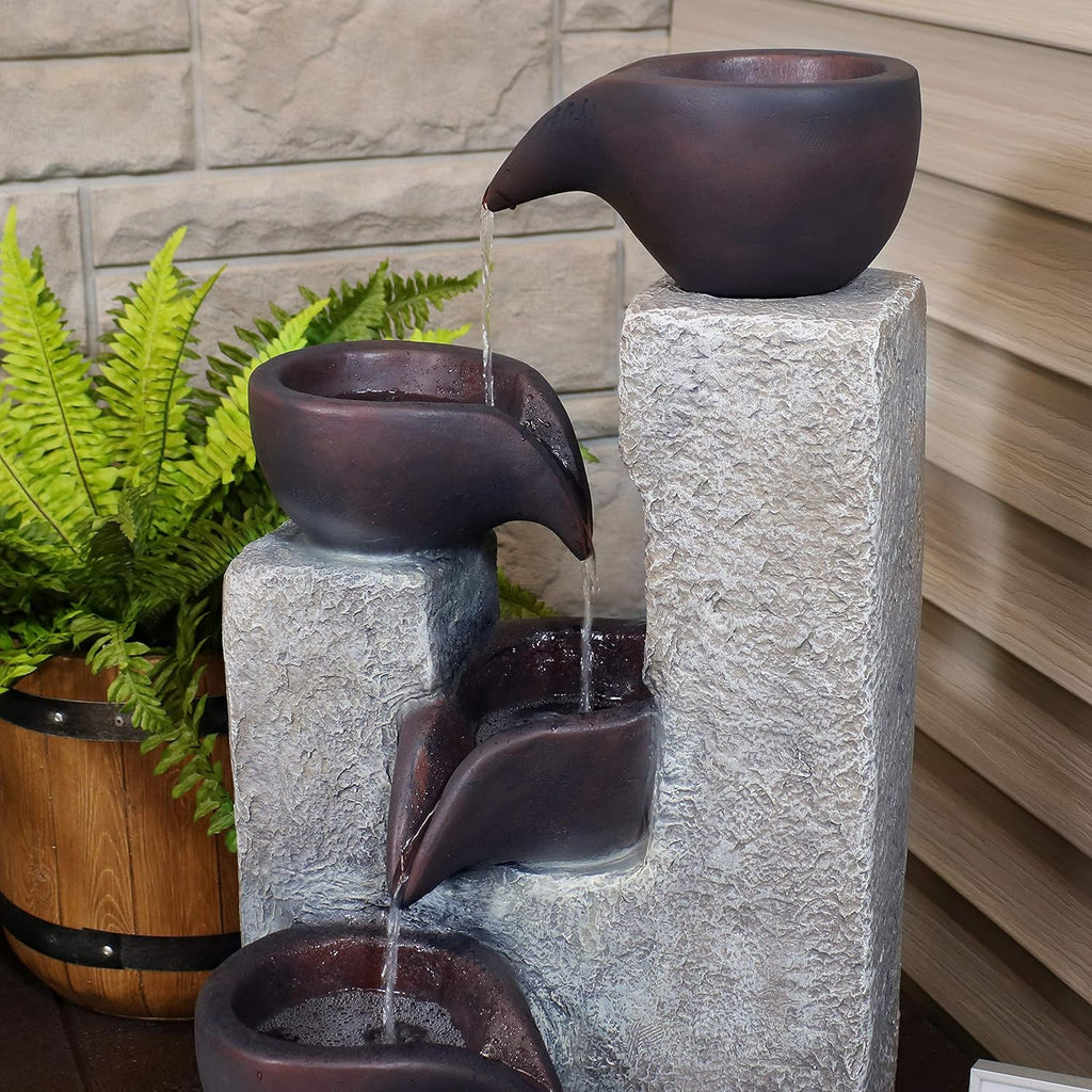 Aged Tiered Vessels 29-Inch Solar Fountain with Battery Backup - Submersible Pump - Polyresin