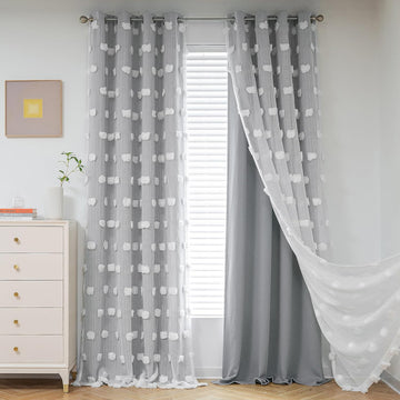 Living Room Curtains, 84 Inch Long Grey Blackout Curtains with Pom Pom Trim, Double Layer Sheer Drapes for Kids Room
