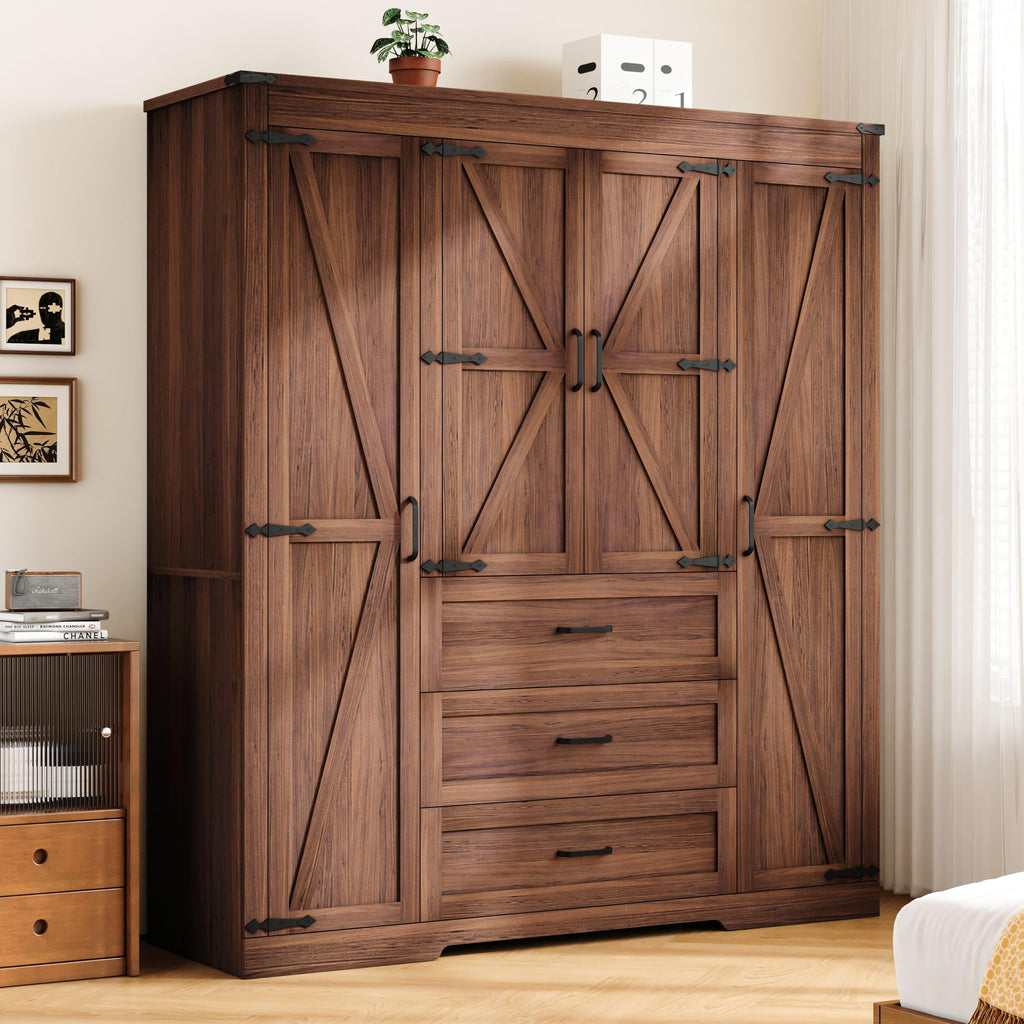 70" Tall Armoire Wardrobe Closet with 4 Doors & 3 Drawers, Farmhouse Bedroom Storage Cabinet with Hanging Rod