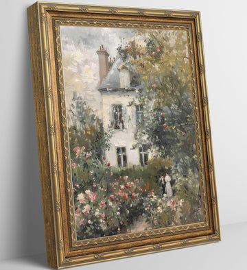 Vintage Gold French Cottage Canvas Wall Art With Ornate Gold Frame, Impressionist Rose Garden Painting, Ready To Hang