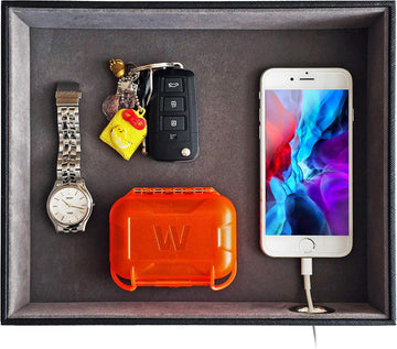 Valet Tray with Charging Station - PU Leather Nightstand Organizer for Men and Women, Desk Catchall Tray for Keys