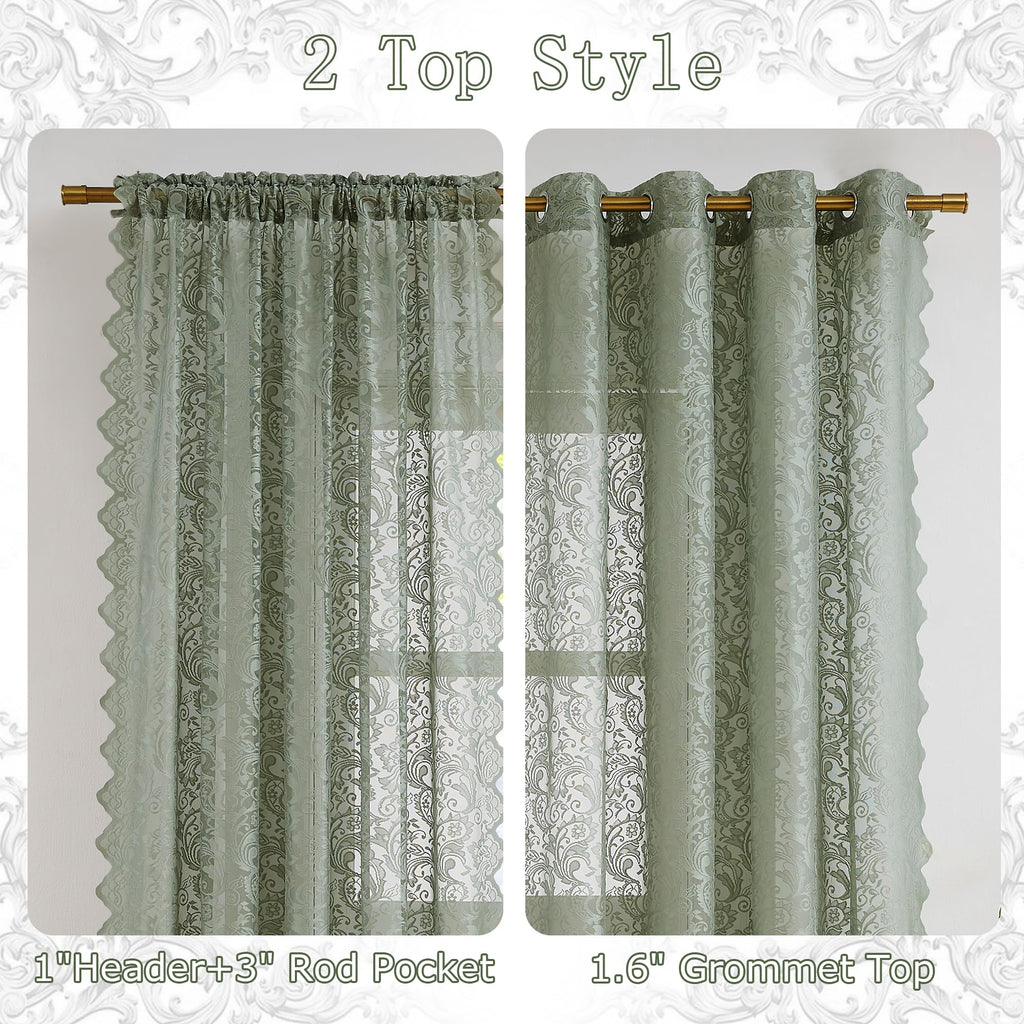 Sage Green Lace Sheer Curtains Small Window Boho Vintage Floral Embroidered Drapes with Scalloped Edge, Light