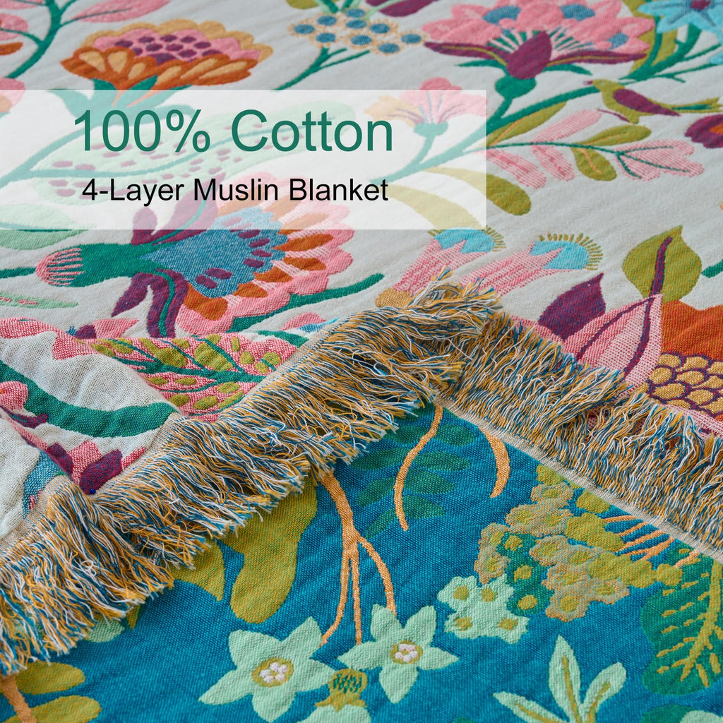 Boho Throw Blanket, 100% Soft Cotton Floral Quilt, 90"x 98"