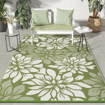 Outdoor Rug Waterproof Decor, 6' x 9' Reversible Plastic Straw Floral Camping Carpet, Large Area Rugs Mats for RV