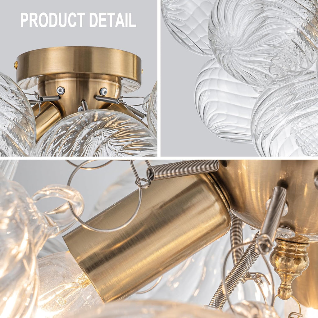 Semi Flush Chandelier Gold, Modern Light Fixtures Ceiling Mount Lighting Pendant 3 Light Dining Chandeliers Over