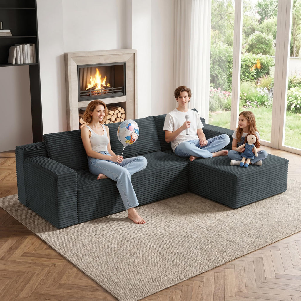 97" Cloud Sectional Couch, Modern Modular Sectional Sofa with Deep Seat, Corduroy Boneless Couches with L-Shape Chaise