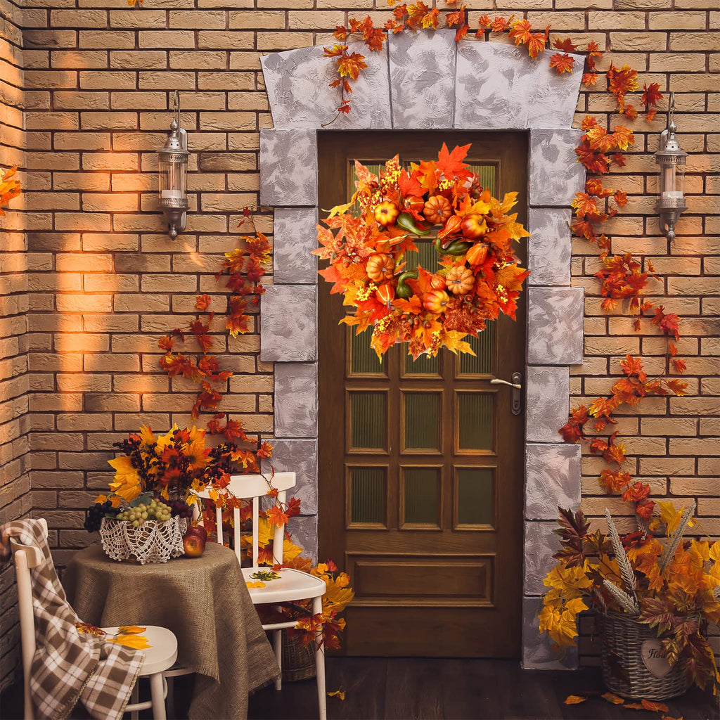 24" Harvest Fall Wreaths for Front Door Outside, Autumn Wreath with Pumpkins
