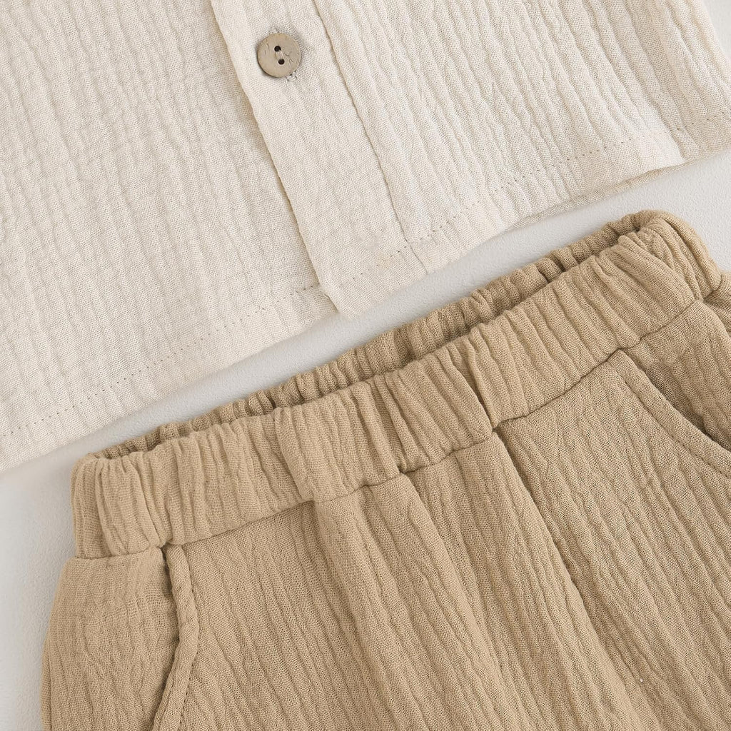 Toddler Boy Linen Outfit Baby Boy Fall Winter Clothes Set Button-Down Shirt Tops Cotton Linen Pants 2PCS