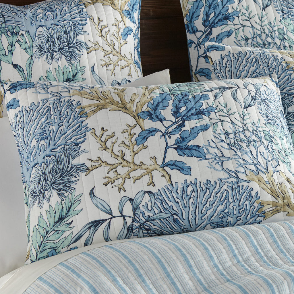 Mahina Quilt Set - Quilt + Two Pillow Shams - Coastal - Taupe, Blue and White - Quilt