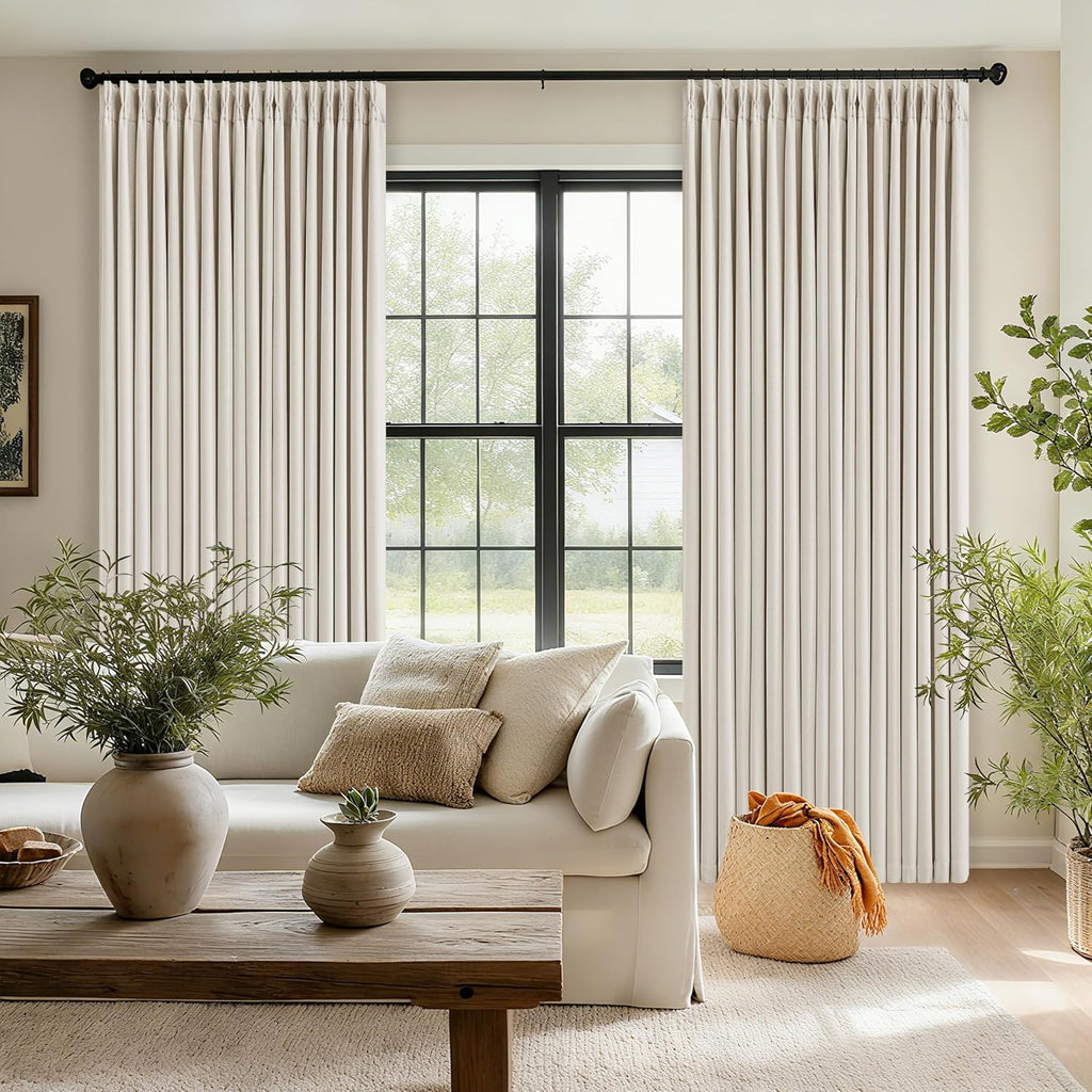 90 Inch Pinch Pleated Blackout Linen Curtains for Bedroom 2 Panels Memory Trained 100% Black Out Soundproof Room