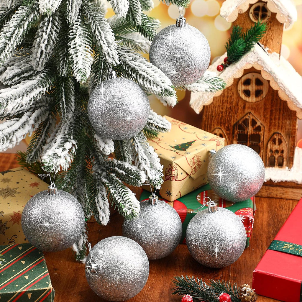 12 Pcs Large Christmas Ball Glitter Snowball Ornament, Silver